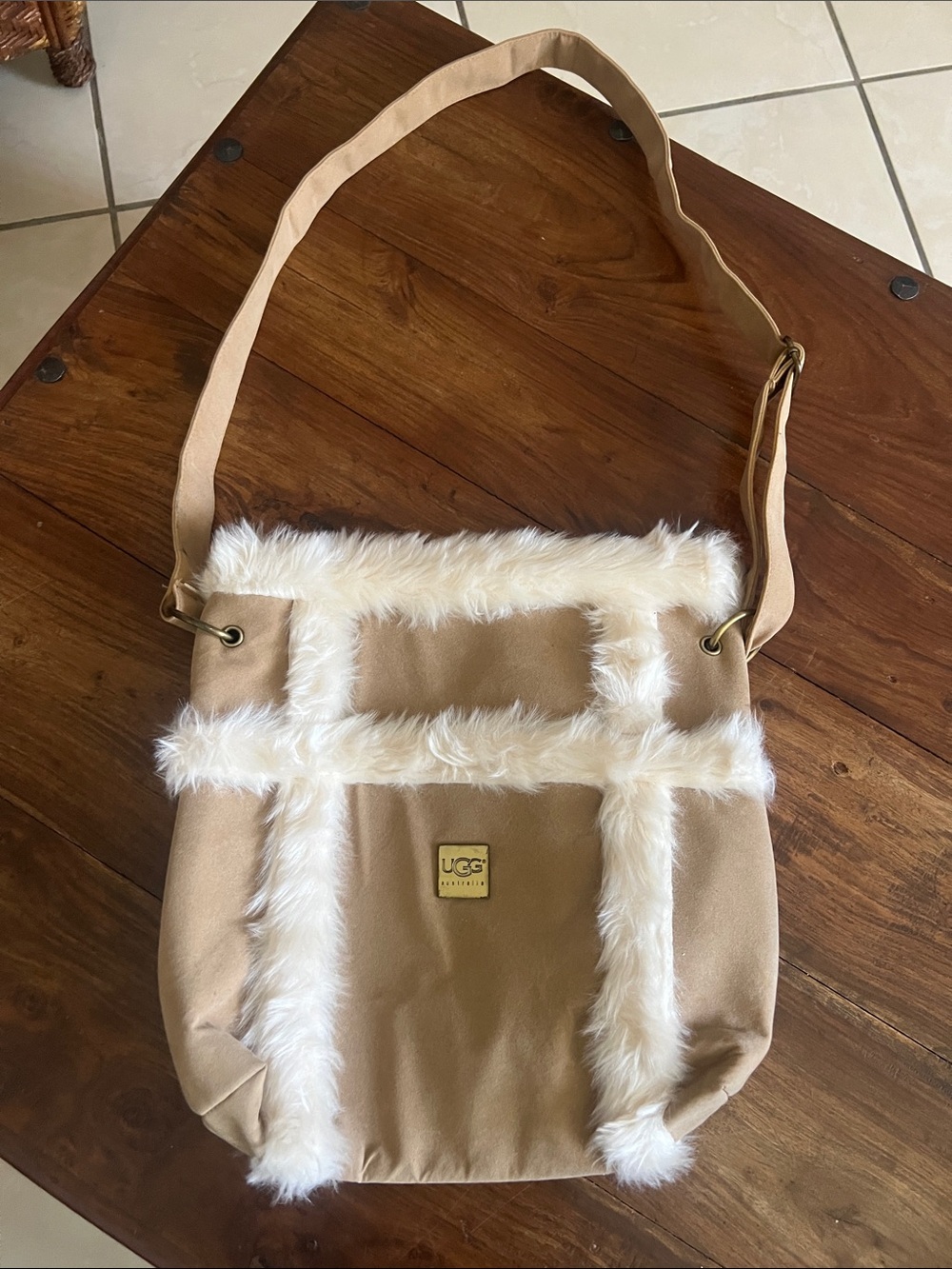 UGG Beige Shoulder Bag with Cream Faux-Fur Trim